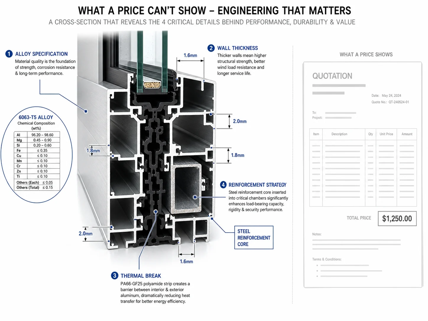 The profile cross-section reveals alloy, wall thickness, thermal break and reinforcement strategy — details a cover-page price cannot show.