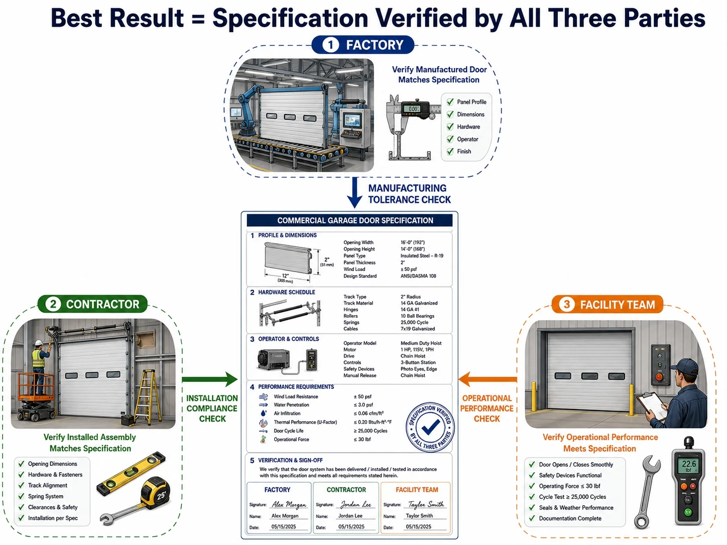 The best commercial garage door result comes from a specification that the factory, contractor and facility team can all verify.