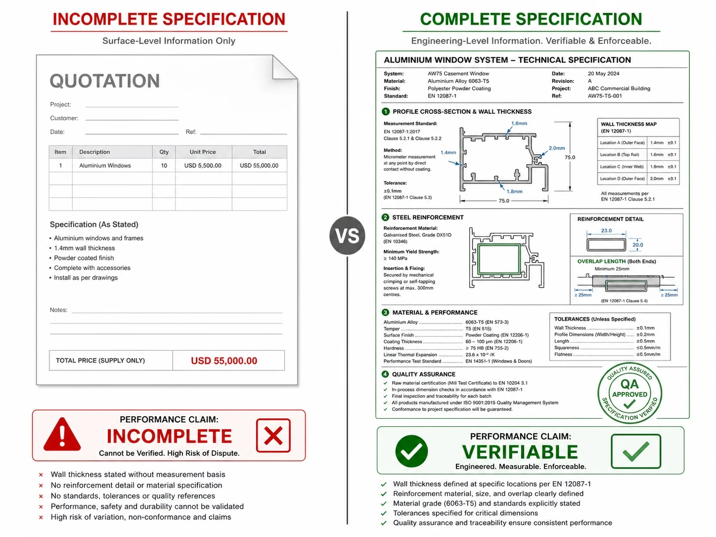 Wall thickness and reinforcement are commonly under-specified. If the supplier cannot show the measurement basis, the performance claim is incomplete