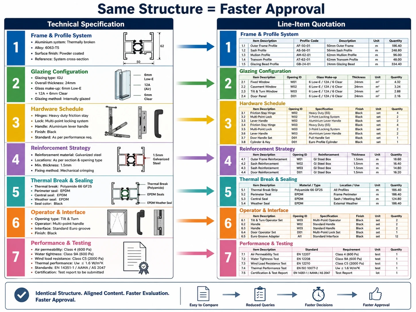 A line-item quote is easier to approve when it follows the same structure as the project’s technical specification.
